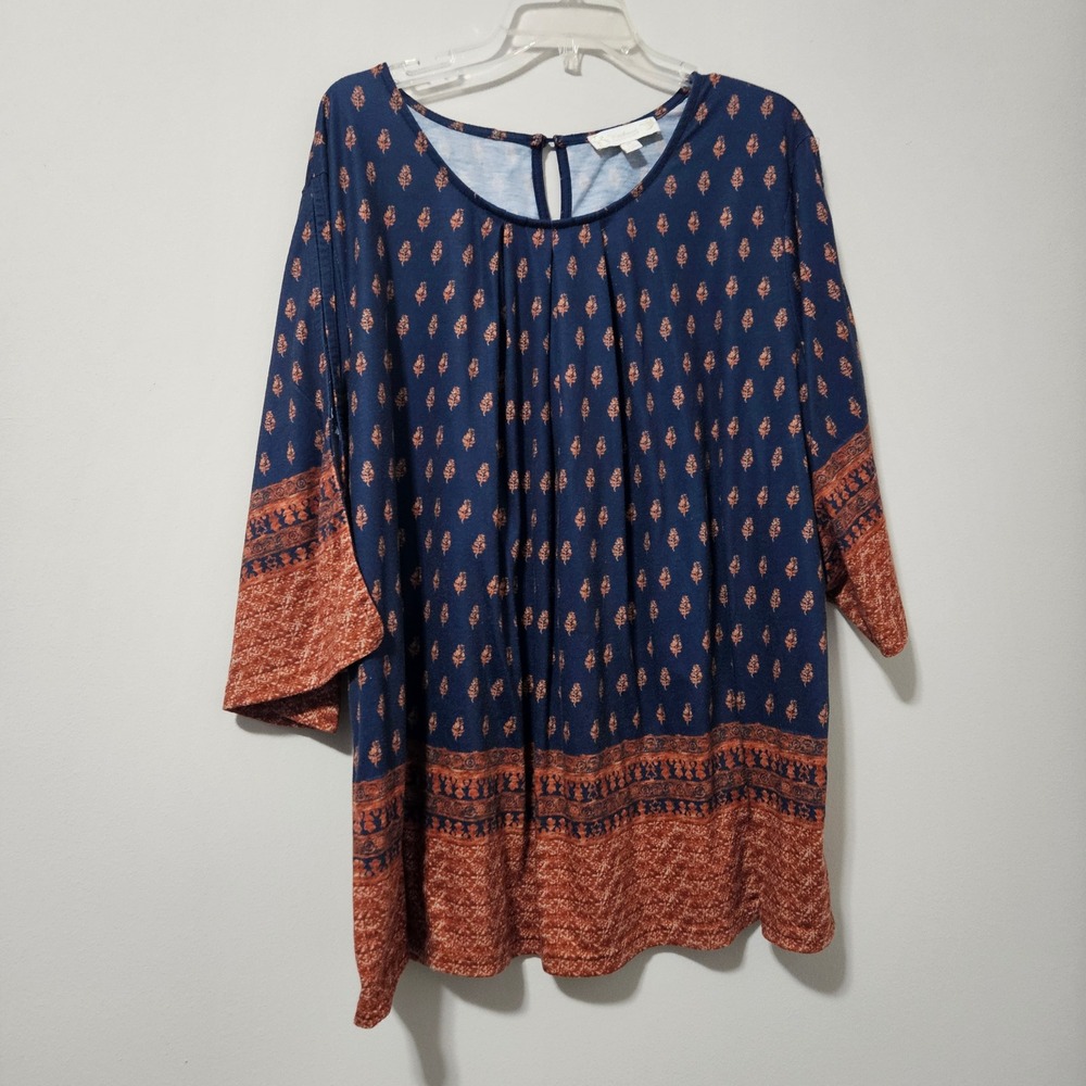 Weekend Suzanne Betro Navy Rust Boho Block Print Pleated Tunic Blouse 4X